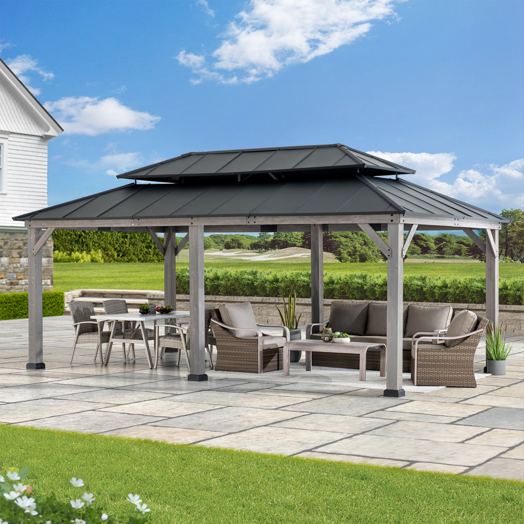 Sunjoy 12 x 20 ft. Wood Gazebo, Outdoor Patio Aluminum Hardtop Gazebo, Cedar Framed Wooden Gazebo with 2-Tier Roof, Suitable for Patios, Lawn and Backyard